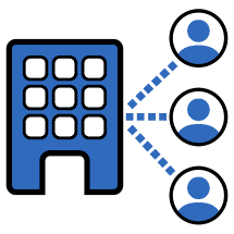 Symbol eines Firmengebäudes in Verbindung mit Mitarbeitern